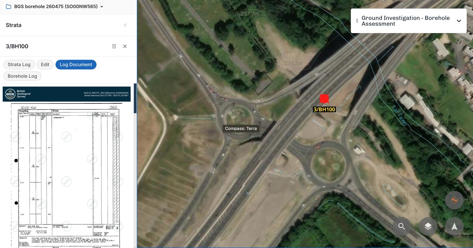 Compass: Terra showing BGS borehole 260475, found via GeoIndex and pinned to its real map location, with the original British Geological Survey log document open alongside it