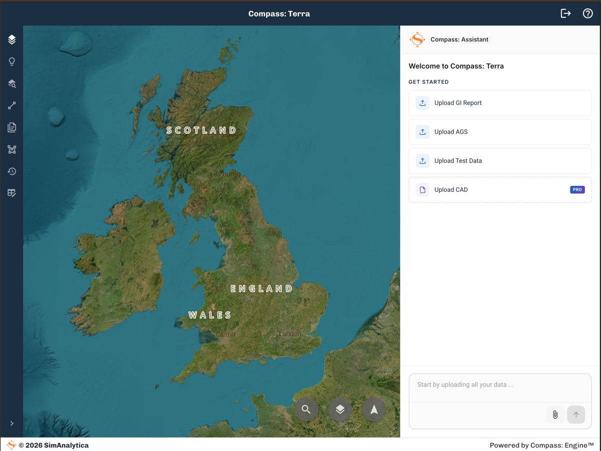 Compass: Terra upload screen with Upload GI Report, Upload AGS, Upload Test Data and Upload CAD options